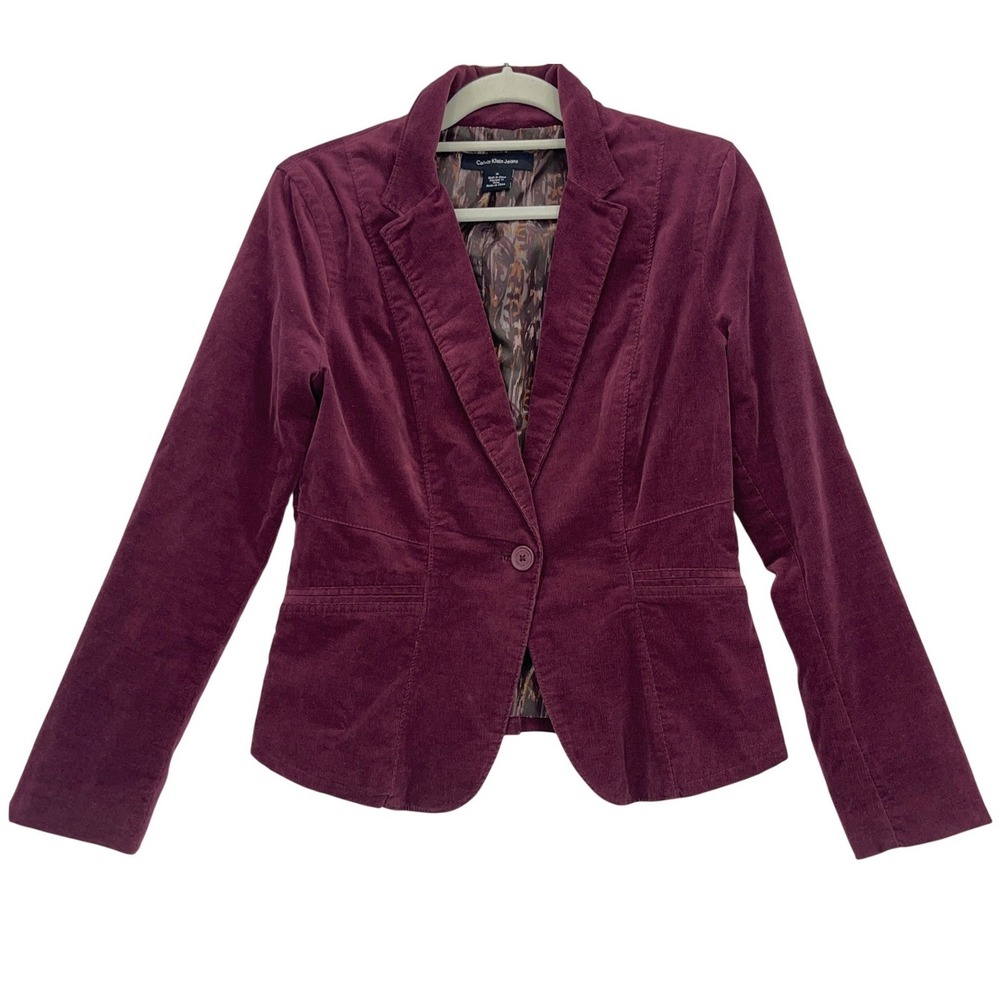 Calvin Klein Purple Corduroy Blazer M Single Button Notched Lapel Printed Lining